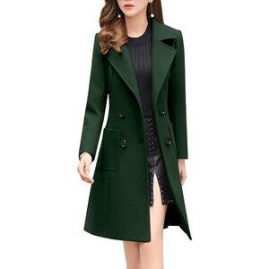 Women's Green Elegant Notched Collar Double Breasted Wool Blend Over Coat